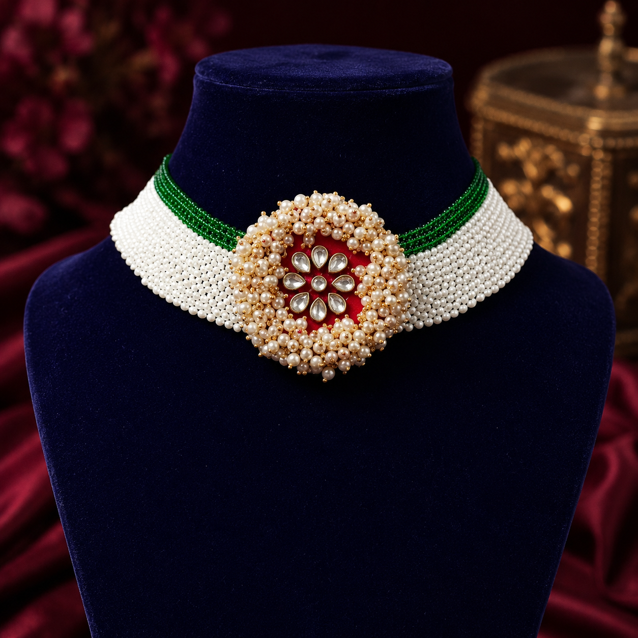 Gold and pearl jewellery set displayed on navy stands