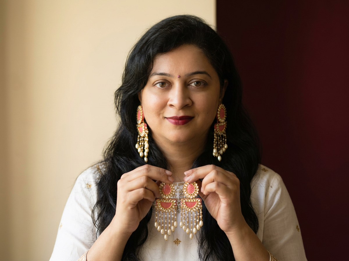 Bhakti, founder of Fabriety, holding a finished pair of gold and pearl earrings