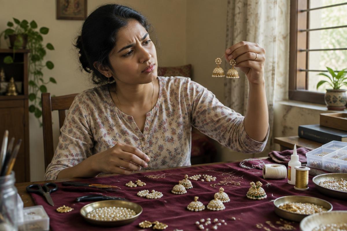 A maker at her home work table holding a nearly finished pair of earrings, unsure whether they look professional